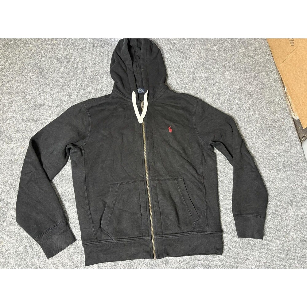 Polo Ralph Lauren Hoodie Mens M Black Fleece Full Zip Kangaroo Pockets Logo
